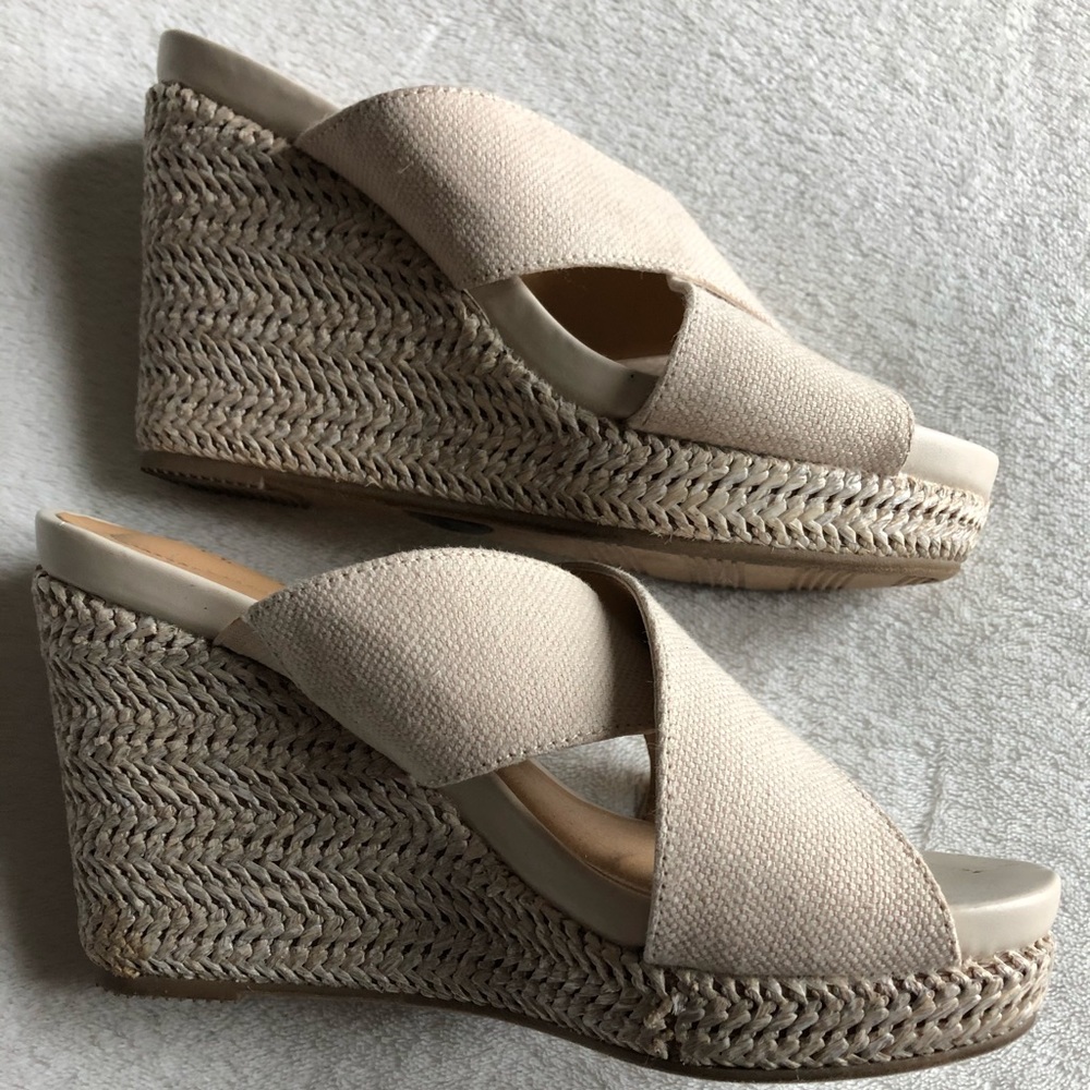 Beige platform wedge sandals, never worn.